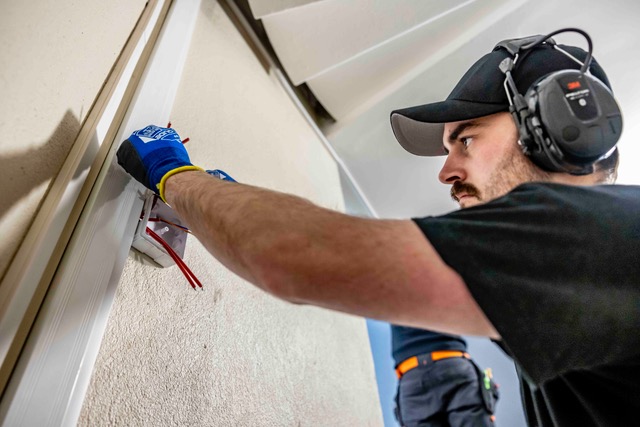 Certifierad tekniker installerar branddetektor i fastighet som del av professionell brandlarmsinstallation.